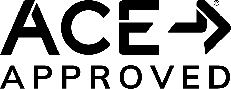 ACE logo with a right arrow and the word “APPROVED” written below in bold, black capital letters.