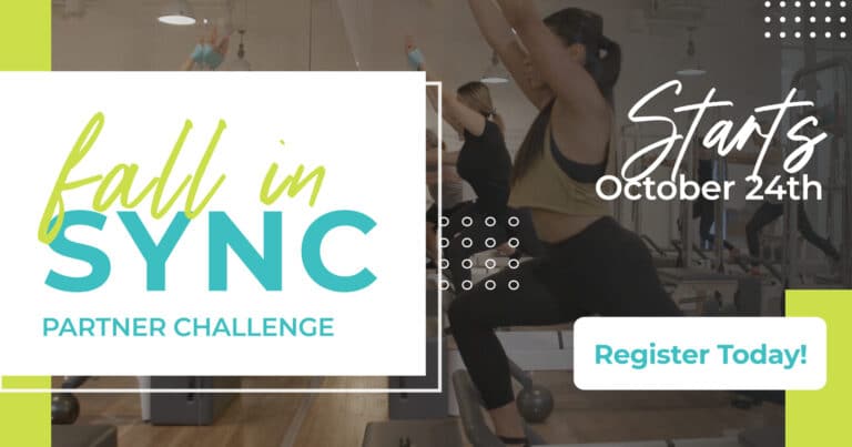 Women exercising on pilates machines with text: “Fall in Sync Partner Challenge. Starts October 24th. Register Today!”.