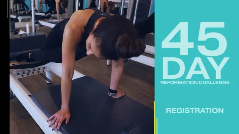 Woman in workout clothes doing an exercise in a gym. Text reads “45 Day Reformation Challenge Registration.”.
