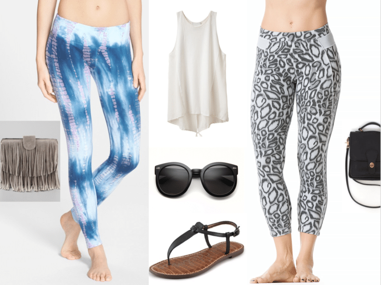 Blue tie-dye leggings, grey animal print leggings, white tank, sandals, black sunglasses, fringe clutch, black crossbody bag.