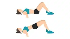Illustration of a woman doing a glute bridge exercise, shown in both the starting and lifted positions.